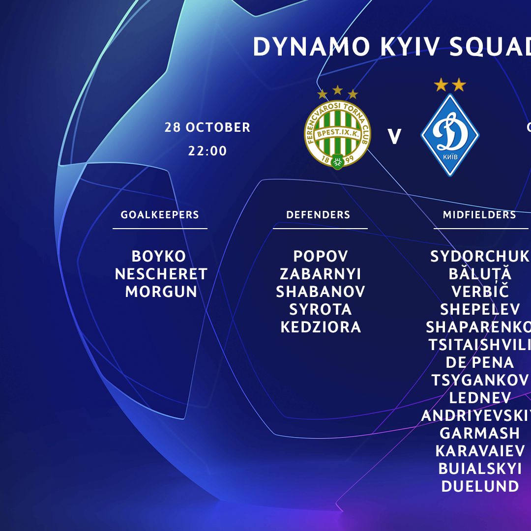 Dynamo players’ list for the game against Ferencvarosi