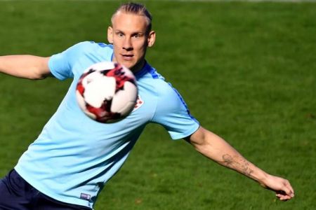 Domagoj Vida getting ready for the game against Iceland